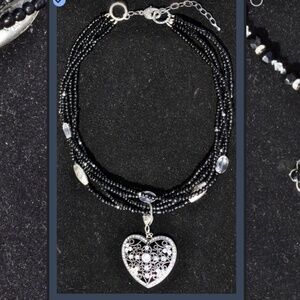 Top seller Multi Strand Black,Silver & Crystal Necklace w Silver & Crystal Heart